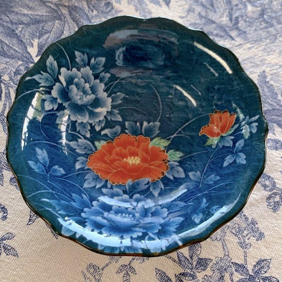 Vintage Japanese Arita Juzan Gama Namsu Porcelain Red White Blue Peony Dish Bowl - Picture 1 of 8